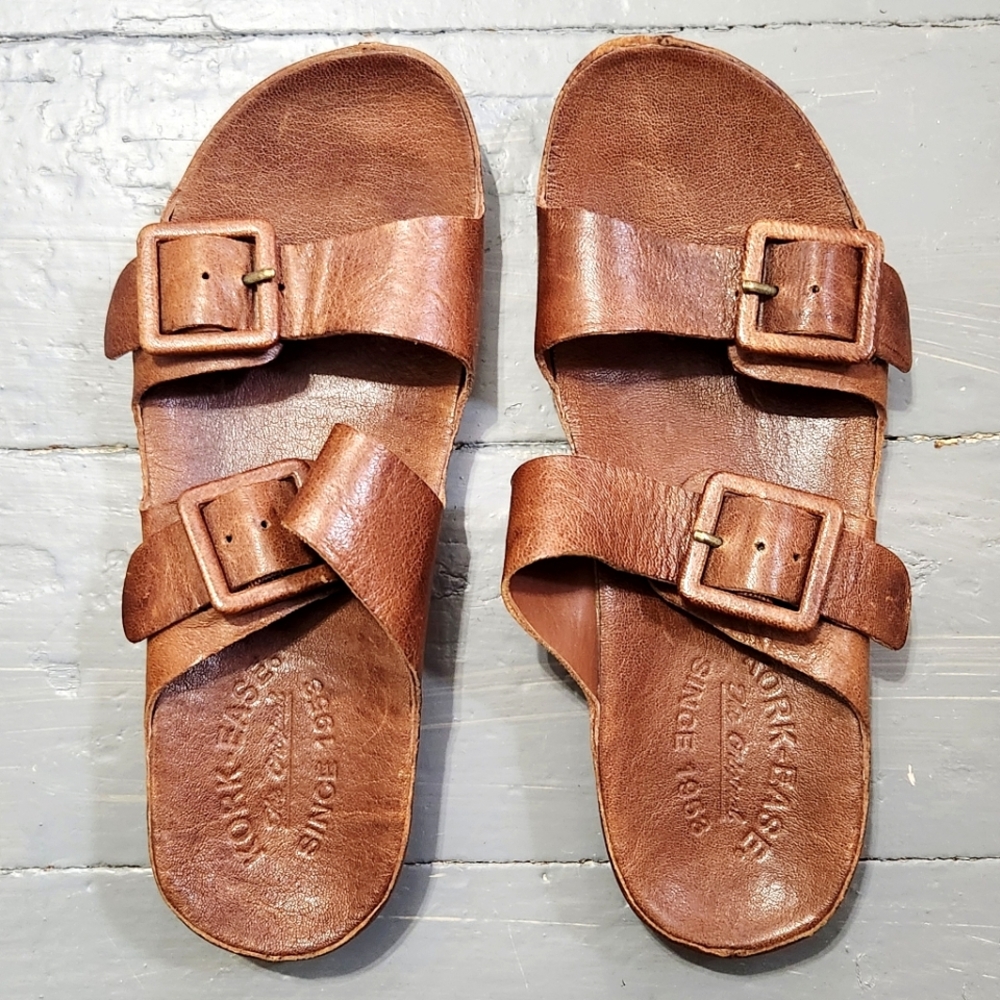 KorkEase Whiskey Brown Leather Buckle Slide Sandals